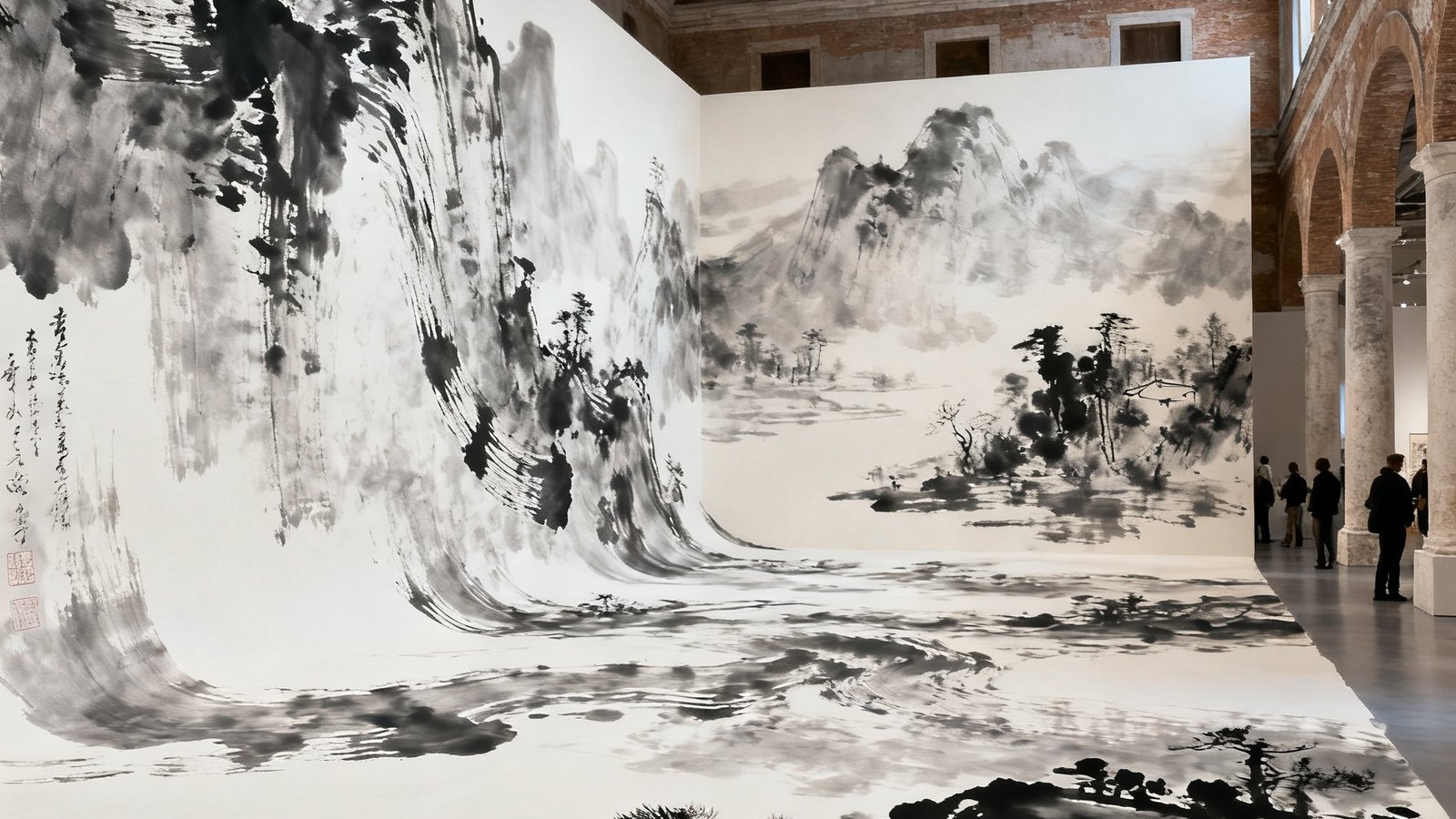 威尼斯双年展上中国艺术家以水墨技法创作的巨幅装置作品，融合传统笔触与现代空间构成