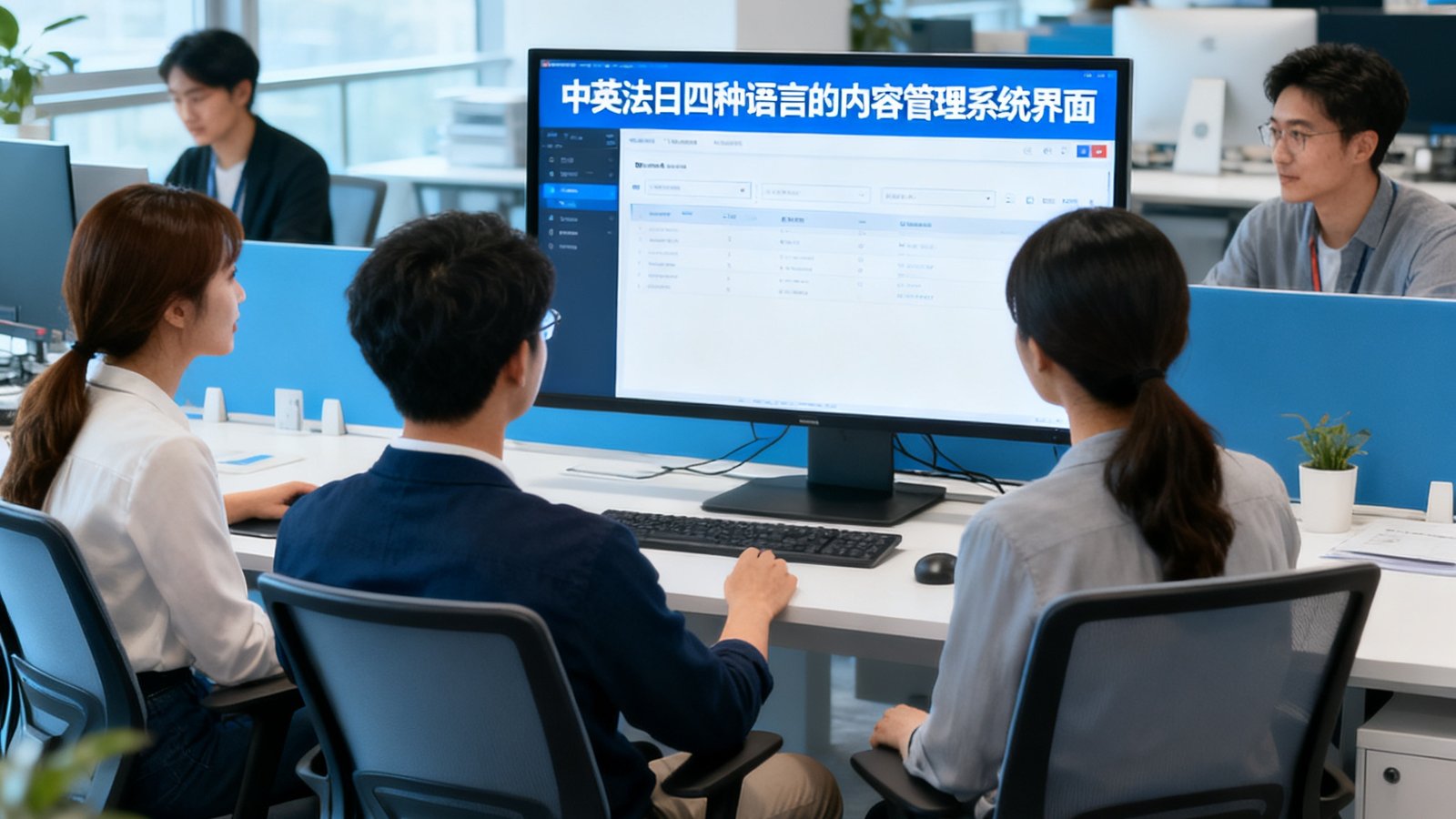 永利集团多语种数字媒体编辑团队在开放式办公室协作，屏幕上显示中英法日四种语言的内容管理系统界面