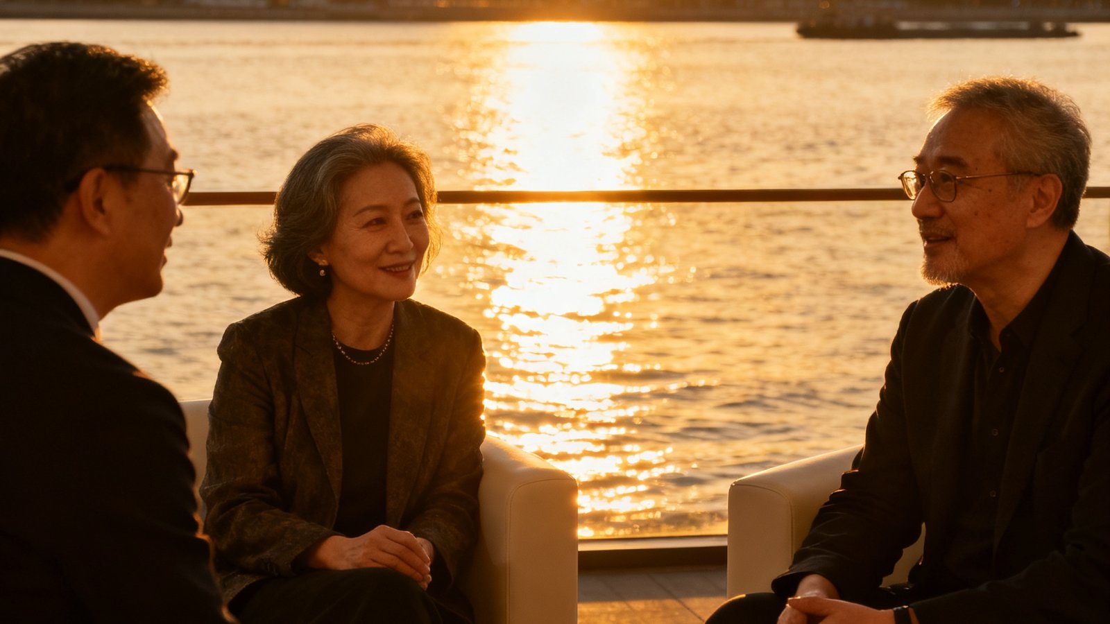 知名当代艺术藏家陈女士在永利文创沙龙上与嘉宾交流时的场景，背景是上海西岸的落日江景